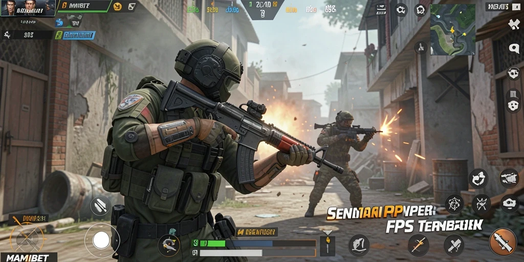 Screenshot utama MAMIBET menampilkan aksi pertempuran seru dalam FPS.