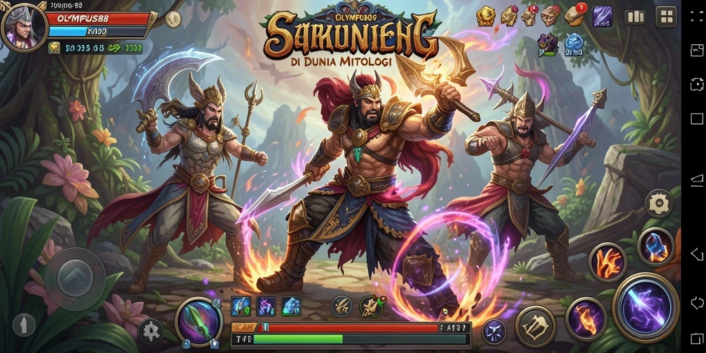 Screenshot OLYMPUS88 menampilkan pertarungan epik karakter mitologi.