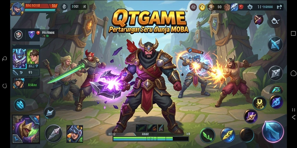 Tampilan seru gameplay QTGAME dengan aksi strategi MOBA.